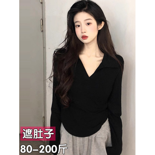 大碼polo領長袖T恤女短款白色純棉V領打底衫正肩翻領上衣胖mm春秋