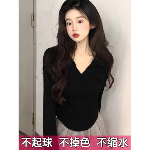 大碼polo領長袖T恤女短款白色純棉V領打底衫正肩翻領上衣胖mm春秋