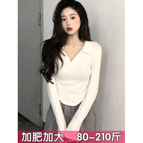 大碼polo領長袖T恤女短款白色純棉V領打底衫正肩翻領上衣胖mm春秋