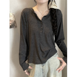 休閒寬松半開領紐釦長袖T恤女早秋韓系百搭純色顯瘦打底衫上衣ins
