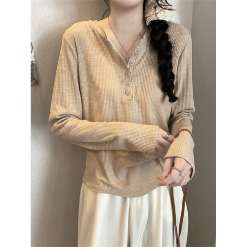 休閒寬松半開領紐釦長袖T恤女早秋韓系百搭純色顯瘦打底衫上衣ins