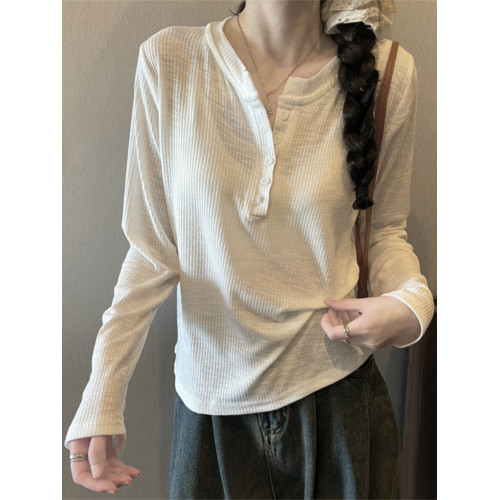 休閒寬松半開領紐釦長袖T恤女早秋韓系百搭純色顯瘦打底衫上衣ins