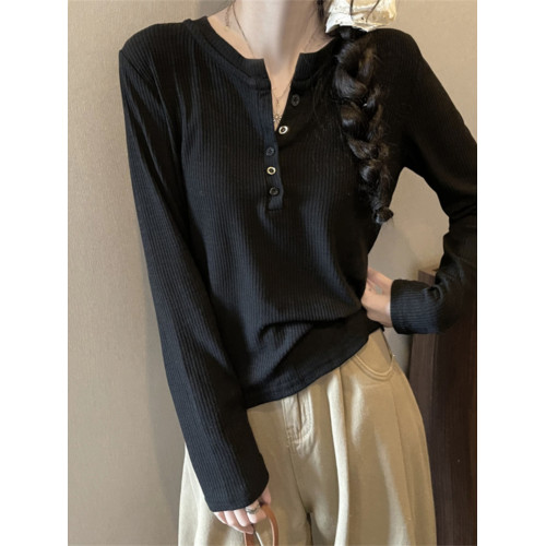 休閒寬松半開領紐釦長袖T恤女早秋韓系百搭純色顯瘦打底衫上衣ins