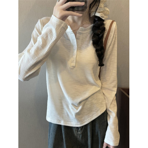 休閒寬松半開領紐釦長袖T恤女早秋韓系百搭純色顯瘦打底衫上衣ins