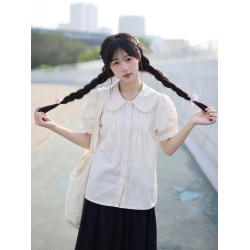 襯衫女夏裝娃娃領泡泡袖設計感小衆甜美超仙春日寬鬆上衣純棉襯衣