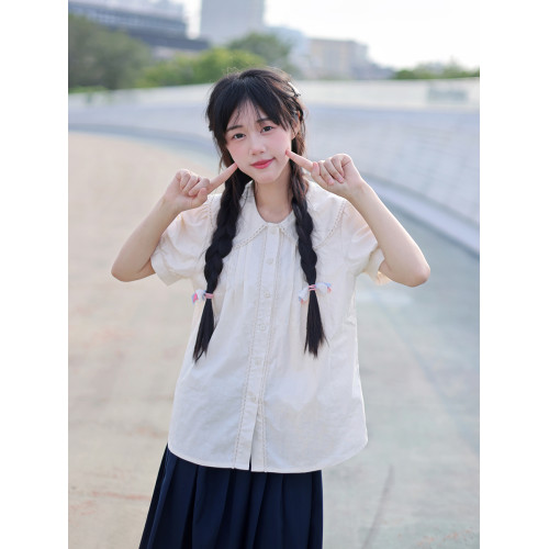 襯衫女夏裝娃娃領泡泡袖設計感小衆甜美超仙春日寬鬆上衣純棉襯衣