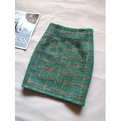 高腰小香風格子毛呢短裙2025秋冬新款顯瘦綠色包臀裙半身裙一步裙