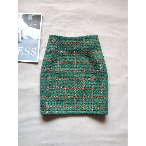 高腰小香風格子毛呢短裙2025秋冬新款顯瘦綠色包臀裙半身裙一步裙 高腰小香風格子毛呢短裙2025秋冬新款顯瘦綠色包臀裙半身裙一步裙