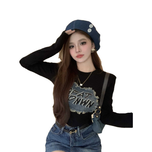 字母牛仔貼布長袖T恤女秋冬加厚美式辣妹修身短款打底衫咖色上衣