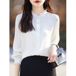 醋酸緞面新款襯衫女設計感木耳花邊簡約氣質純色襯衣長袖百搭上衣