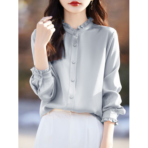 醋酸緞面新款襯衫女設計感木耳花邊簡約氣質純色襯衣長袖百搭上衣