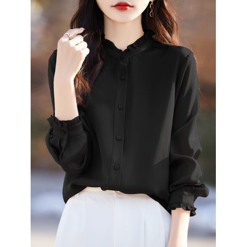 醋酸緞面新款襯衫女設計感木耳花邊簡約氣質純色襯衣長袖百搭上衣