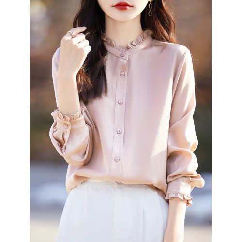 醋酸緞面新款襯衫女設計感木耳花邊簡約氣質純色襯衣長袖百搭上衣