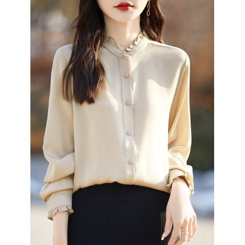 醋酸緞面新款襯衫女設計感木耳花邊簡約氣質純色襯衣長袖百搭上衣