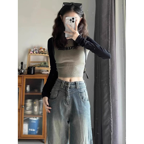 美式辣妹插肩長袖t恤女秋季秋冬修身緊身高腰內搭打底衫短款上衣