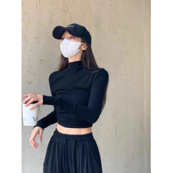 辣妹修身褶皺半高領長袖T恤女秋冬季灰色緊身內搭短款上衣打底衫