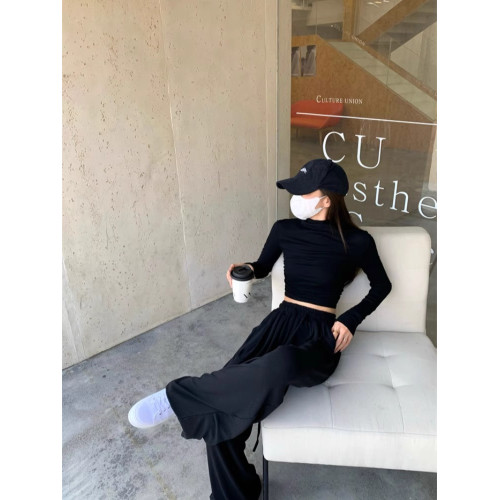 辣妹修身褶皺半高領長袖T恤女秋冬季灰色緊身內搭短款上衣打底衫