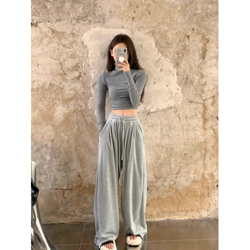 辣妹修身褶皺半高領長袖T恤女秋冬季灰色緊身內搭短款上衣打底衫