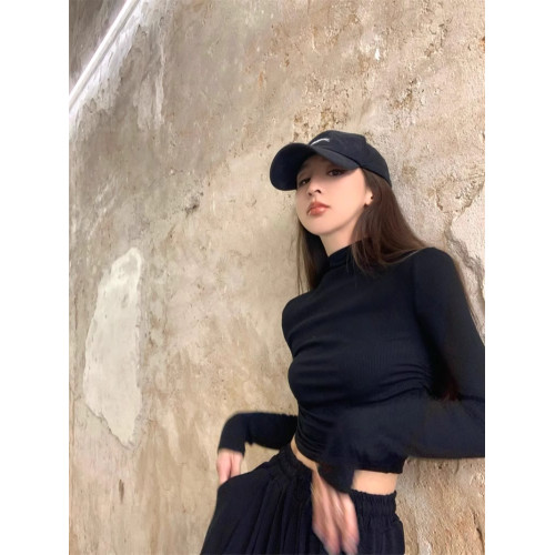 辣妹修身褶皺半高領長袖T恤女秋冬季灰色緊身內搭短款上衣打底衫