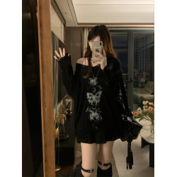 y2k辣妹復古蝴蝶破洞V領針織衫女秋季新款慵懶風長袖防曬罩衫T恤