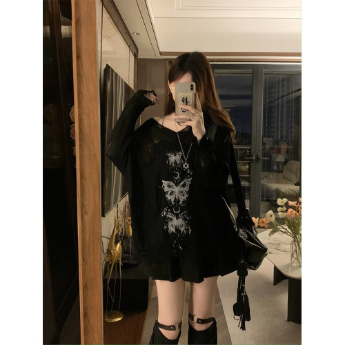 y2k辣妹復古蝴蝶破洞V領針織衫女秋季新款慵懶風長袖防曬罩衫T恤