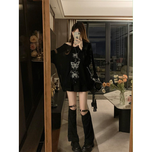 y2k辣妹復古蝴蝶破洞V領針織衫女秋季新款慵懶風長袖防曬罩衫T恤