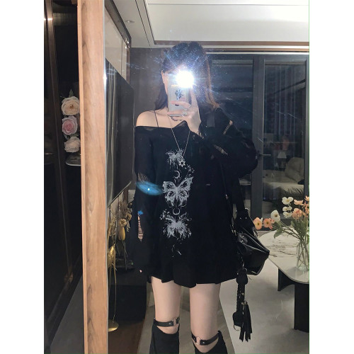 y2k辣妹復古蝴蝶破洞V領針織衫女秋季新款慵懶風長袖防曬罩衫T恤