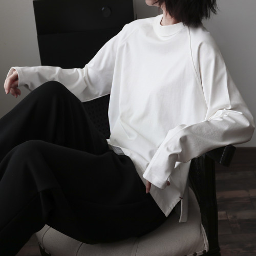 兩件  300克重磅加厚強撚棉！寬松插肩袖打底衫圓領長袖T恤女