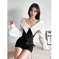 怪誕女孩 韓系chic設計感一字領露肩長袖T恤女 修身顯瘦短上衣秋