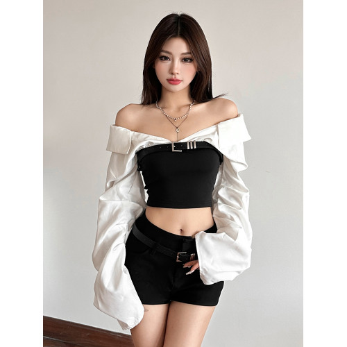 怪誕女孩 韓系chic設計感一字領露肩長袖T恤女 修身顯瘦短上衣秋