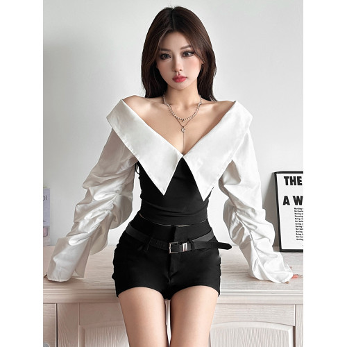 怪誕女孩 韓系chic設計感一字領露肩長袖T恤女 修身顯瘦短上衣秋