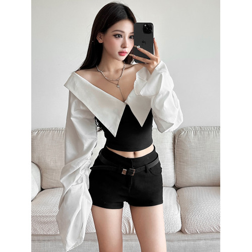 怪誕女孩 韓系chic設計感一字領露肩長袖T恤女 修身顯瘦短上衣秋