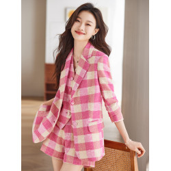 西裝外套女今年流行高級感超好看時尚套裝粉色格子西服短褲三件套