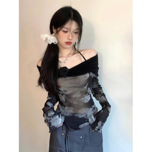 甜酷辣妹性感一字肩長袖短款t恤上衣女chic小衆黑色掛脖網紗罩衫 甜酷辣妹性感一字肩長袖短款t恤上衣女chic小衆黑色掛脖網紗罩衫