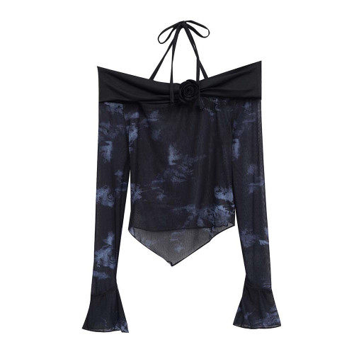 甜酷辣妹性感一字肩長袖短款t恤上衣女chic小衆黑色掛脖網紗罩衫 甜酷辣妹性感一字肩長袖短款t恤上衣女chic小衆黑色掛脖網紗罩衫