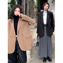 大碼高級感長袖西裝外套女裝秋季氣質黑色小西服胖MM顯瘦寬松上衣