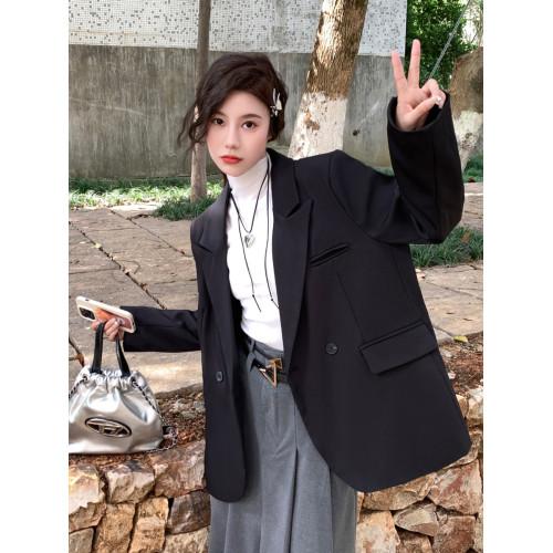 大碼高級感長袖西裝外套女裝秋季氣質黑色小西服胖MM顯瘦寬松上衣 大碼高級感長袖西裝外套女裝秋季氣質黑色小西服胖MM顯瘦寬松上衣