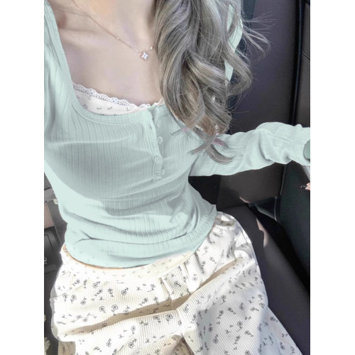 純欲bm芭蕾風薄荷綠碎花長袖t恤女春秋修身短款假兩件打底衫上衣