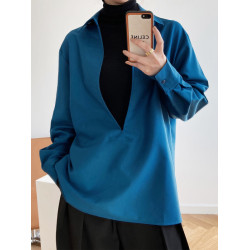 曡穿白色襯衫女秋冬設計感小衆高級感寬松慵懶風長袖法式V領上衣