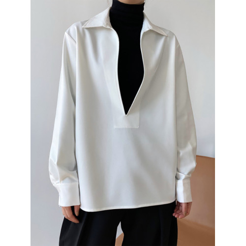 曡穿白色襯衫女秋冬設計感小衆高級感寬松慵懶風長袖法式V領上衣