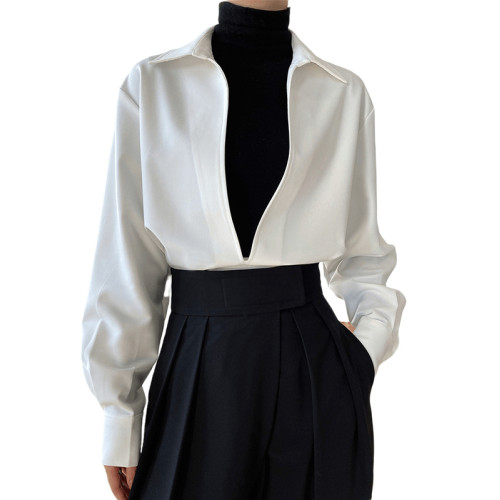 曡穿白色襯衫女秋冬設計感小衆高級感寬松慵懶風長袖法式V領上衣