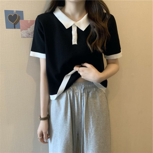 Polo領冰絲短袖t恤女夏設計感小衆小香風針織打底洋氣純欲風上衣