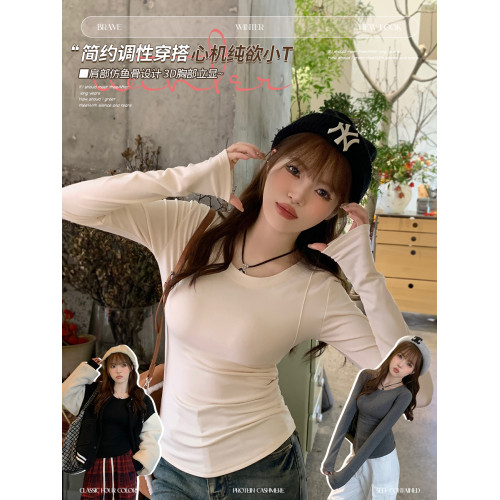 打底衫女內搭秋冬2025新款灰色圓領長袖t恤黑色磨毛正肩修身上衣