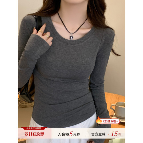 打底衫女內搭秋冬2025新款灰色圓領長袖t恤黑色磨毛正肩修身上衣