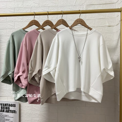 春夏新款韓版五分袖前短後長胖mm遮肚遮肉顯瘦大碼女裝上衣