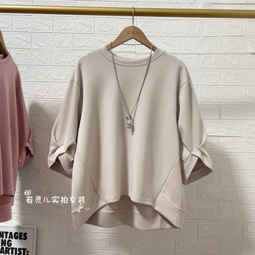 春夏新款韓版五分袖前短後長胖mm遮肚遮肉顯瘦大碼女裝上衣