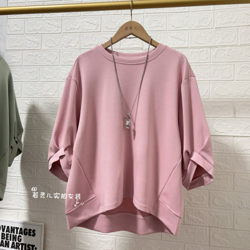 春夏新款韓版五分袖前短後長胖mm遮肚遮肉顯瘦大碼女裝上衣