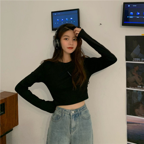 2025春秋冬裝白色打底衫內搭韓版修身露臍上衣短款高腰長袖t恤女 2025春秋冬裝白色打底衫內搭韓版修身露臍上衣短款高腰長袖t恤女