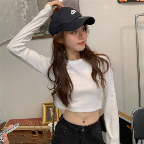 2025春秋冬裝白色打底衫內搭韓版修身露臍上衣短款高腰長袖t恤女 2025春秋冬裝白色打底衫內搭韓版修身露臍上衣短款高腰長袖t恤女