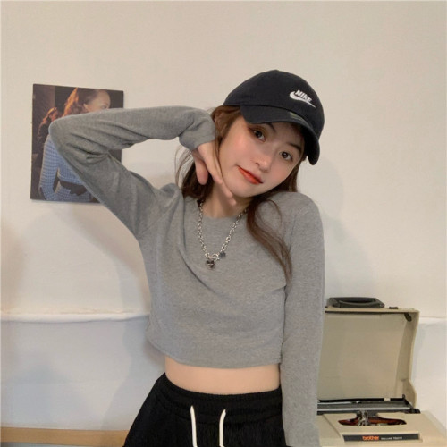 2025春秋冬裝白色打底衫內搭韓版修身露臍上衣短款高腰長袖t恤女 2025春秋冬裝白色打底衫內搭韓版修身露臍上衣短款高腰長袖t恤女